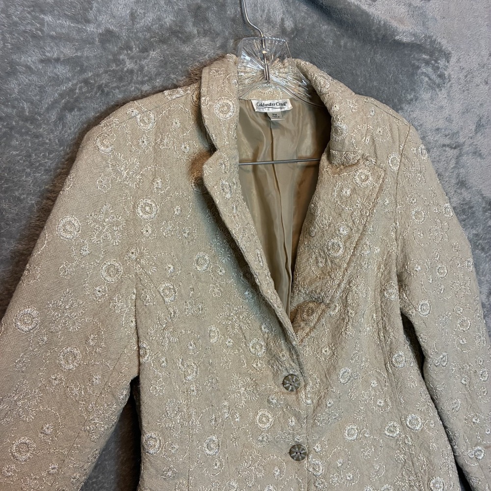 Coldwater Creek Women Golden Vines Linen Blend Jacket PM Blazer Embroidered